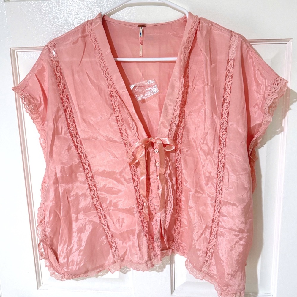 Coquette Free People Intimately Pink Lace Trim Tie Front Button Blouse Small